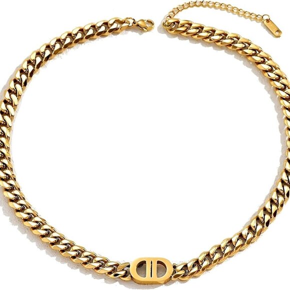Jewelry - Letter Necklace Stainless Steel Gold Chunky Cuban Chain Choker Gift for Women